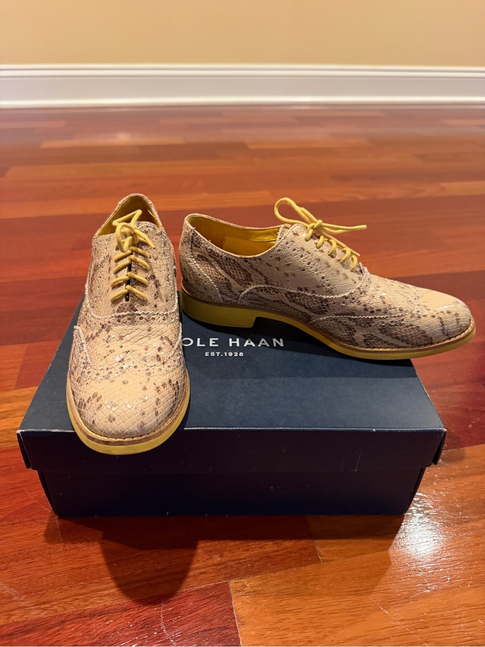 Cole Haan Beige Snake-Print Lace-Up Oxfords with Yellow Accents